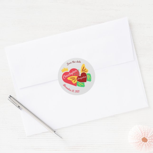Red Hearts, Butterfly Save The Date  Classic Round Sticker (Envelope)