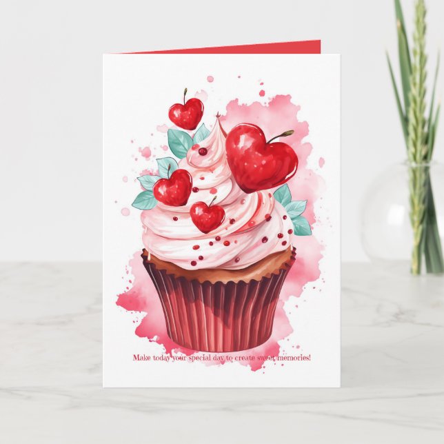 Red Hearts Cherries Cupcake Valentines Day Card (Front)