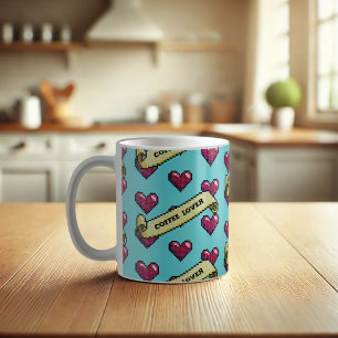 Red Hearts Coffee Lover Retro Pixel Art Pattern Mug