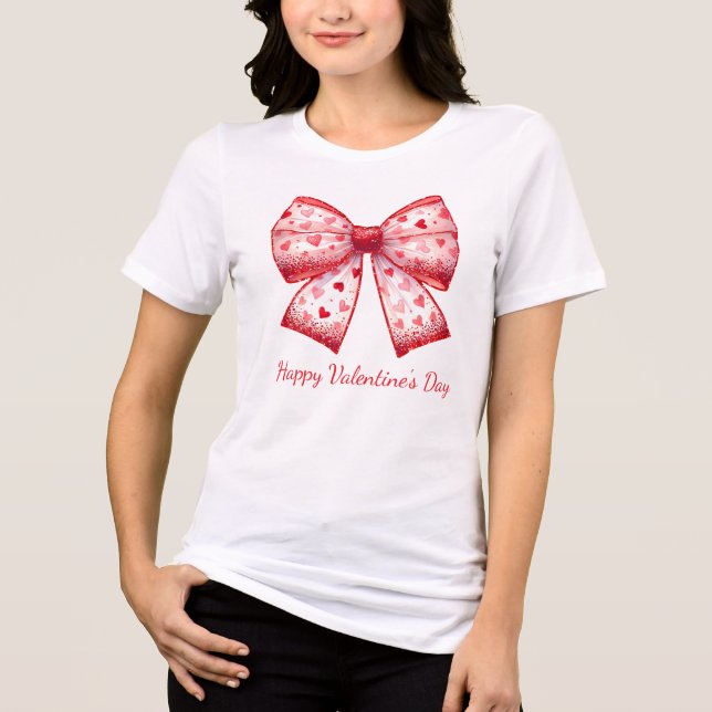 Red Hearts Coquette Valentine's Day Bow Tri-Blend Shirt (Front)