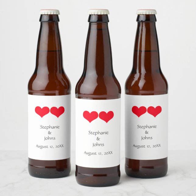 Red Hearts Cute Couple 2023 Wedding Valentines Day Beer Bottle Label (Bottles)