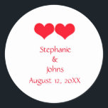 Red Hearts Cute Couple Wedding Engagement Romantic Classic Round Sticker<br><div class="desc">Printed with beautiful image of two cute red heart patterns in white background. You may change the font colours if you wish.</div>