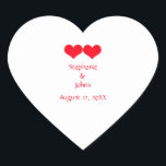Red Hearts Cute Couple Wedding Romantic Engagement Heart Sticker<br><div class="desc">Printed with beautiful image of two cute red heart patterns in white background. You may change the font colours if you wish.</div>