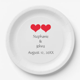 Red Hearts Cute Couple Wedding Valentines Day 2023 Paper Plate