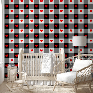 Red Hearts Cute Fun Black White Chequered Nursery Wallpaper