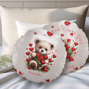 Red Hearts Cute Teddy Bear & Roses Valentines Day Round Cushion