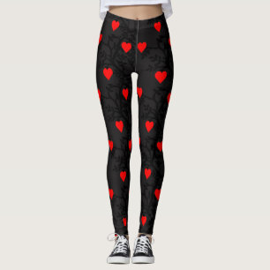 Red Hearts Design On Black Leggings