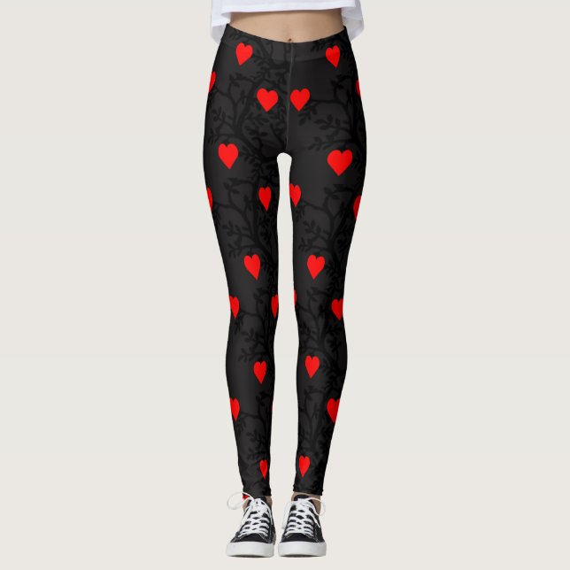 Red Hearts Design On Black Leggings (Front)