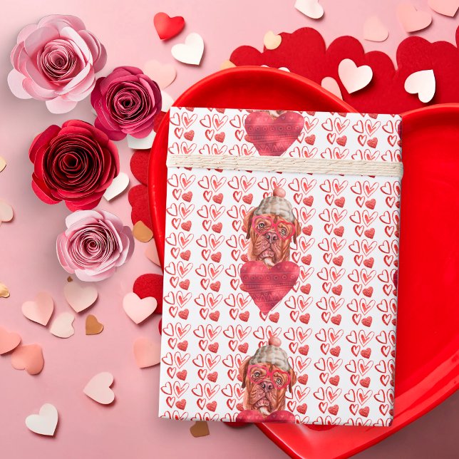 Red Hearts French Mastiff Dog Lover Valentine Wrapping Paper (Creator Uploaded)