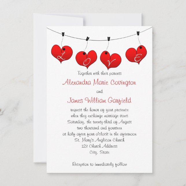 Red Hearts in Love Wedding invitation (Front)