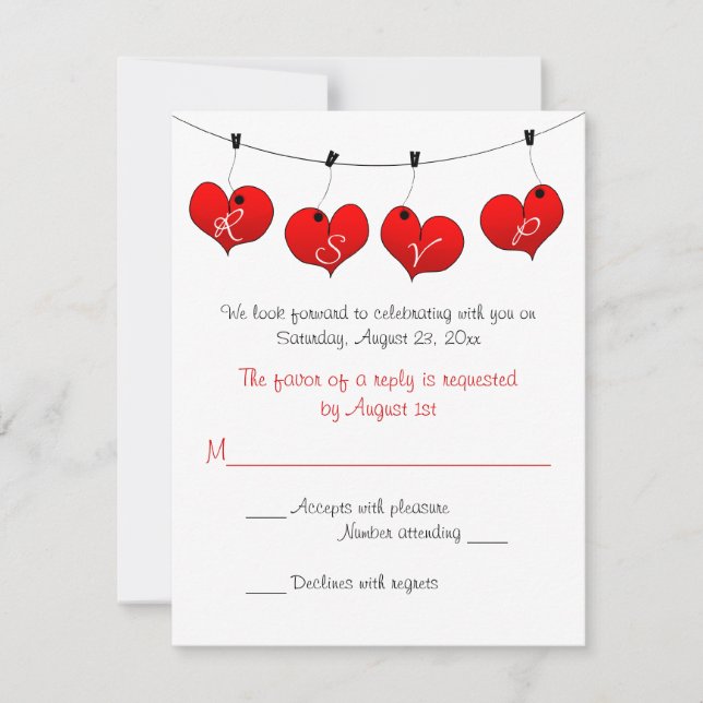Red Hearts in Love Wedding RSVP Card (Front)