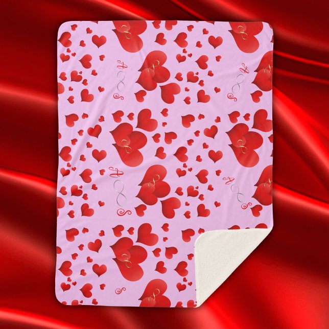 Red Hearts Infinity Initials Monogram on pink | Sherpa Blanket (Creator Uploaded)