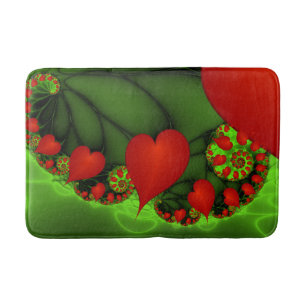 Red Hearts Lime Green Modern Abstract Fractal Art Bath Mat