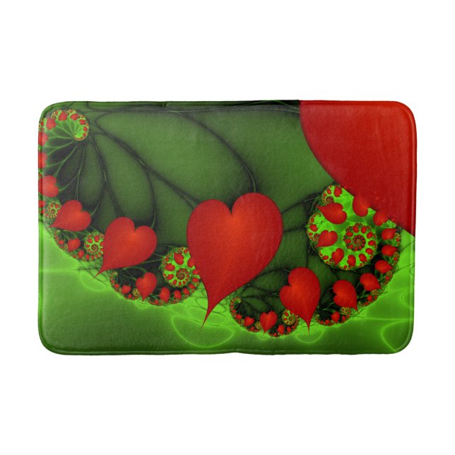 Red Hearts Lime Green Modern Abstract Fractal Art Bath Mat (Front)