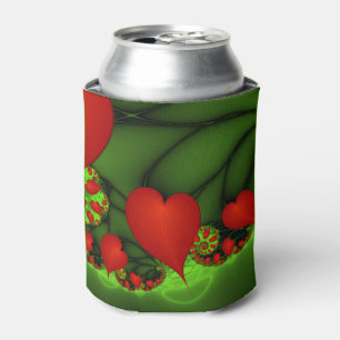 Red Hearts Lime Green Modern Abstract Fractal Art Can Cooler