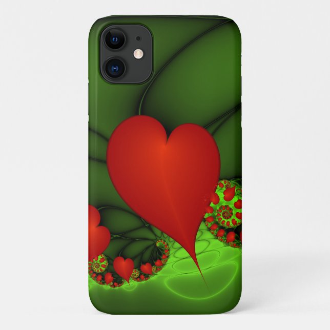 Red Hearts Lime Green Modern Abstract Fractal Art Case-Mate iPhone Case (Back)