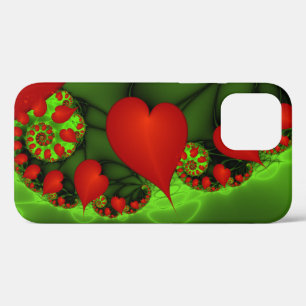 Red Hearts Lime Green Modern Abstract Fractal Art iPhone 12 Case