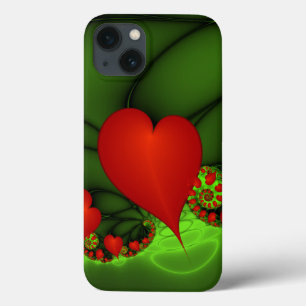 Red Hearts Lime Green Modern Abstract Fractal Art iPhone 13 Case