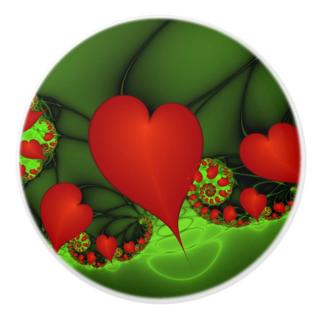 Red Hearts Lime Green Modern Abstract Fractal Art Ceramic Knob (Front)