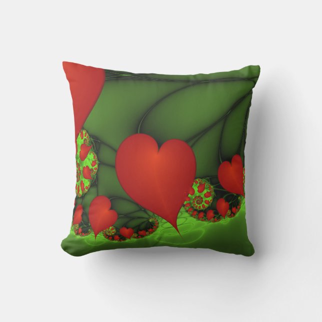 Red Hearts Lime Green Modern Abstract Fractal Art Cushion (Front)