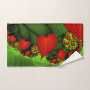 Red Hearts Lime Green Modern Abstract Fractal Art Hand Towel