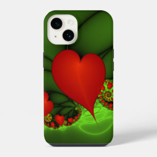 Red Hearts Lime Green Modern Abstract Fractal Art iPhone 14 Case