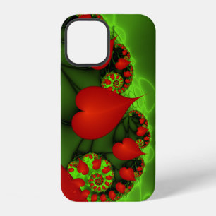 Red Hearts Lime Green Modern Abstract Fractal Art iPhone 12 Case