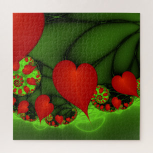 Red Hearts Lime Green Modern Abstract Fractal Art Jigsaw Puzzle