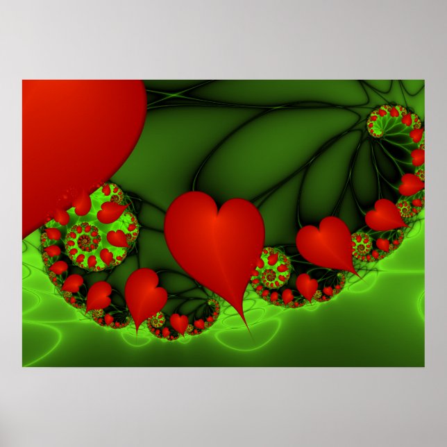 Red Hearts Lime Green Modern Abstract Fractal Art Poster (Front)