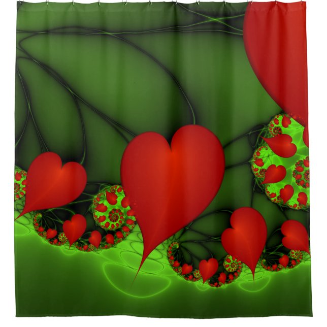 Red Hearts Lime Green Modern Abstract Fractal Art Shower Curtain (Front)