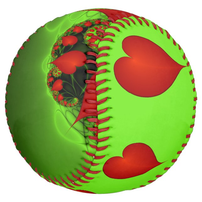 Red Hearts Lime Green Modern Abstract Fractal Art Softball (Angled)
