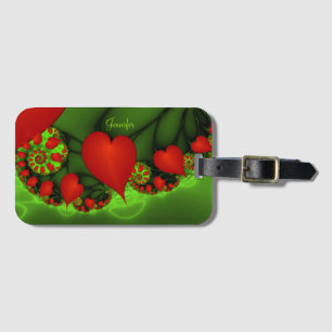 Red Hearts Lime Green Modern Abstract Fractal Name Luggage Tag