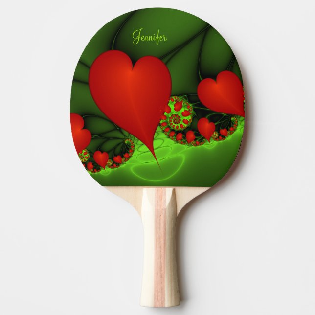 Red Hearts Lime Green Modern Abstract Fractal Name Ping Pong Paddle (Front)