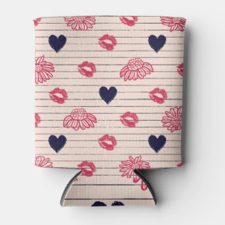 Red hearts, lips, daisies pattern. can cooler