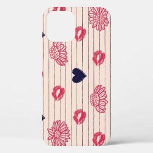Red hearts, lips, daisies pattern. iPhone 12 case