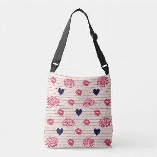 Red hearts, lips, daisies pattern. crossbody bag