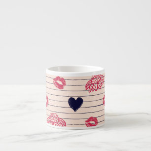 Red hearts, lips, daisies pattern. espresso cup