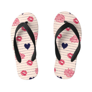 Red hearts, lips, daisies pattern. kid's jandals