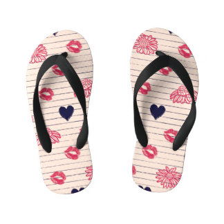 Red hearts, lips, daisies pattern. kid's jandals