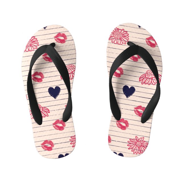Red hearts, lips, daisies pattern. kid's jandals (Footbed)