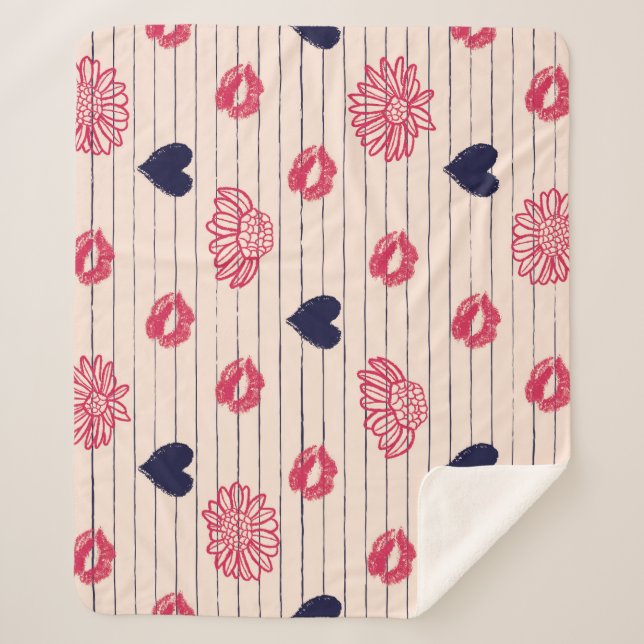 Red hearts, lips, daisies pattern. sherpa blanket (Front)