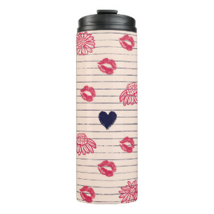 Red hearts, lips, daisies pattern. thermal tumbler