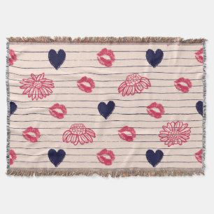 Red hearts, lips, daisies pattern. throw blanket