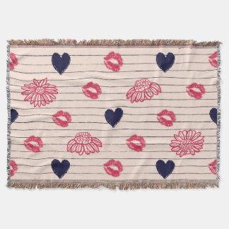 Red hearts, lips, daisies pattern. throw blanket
