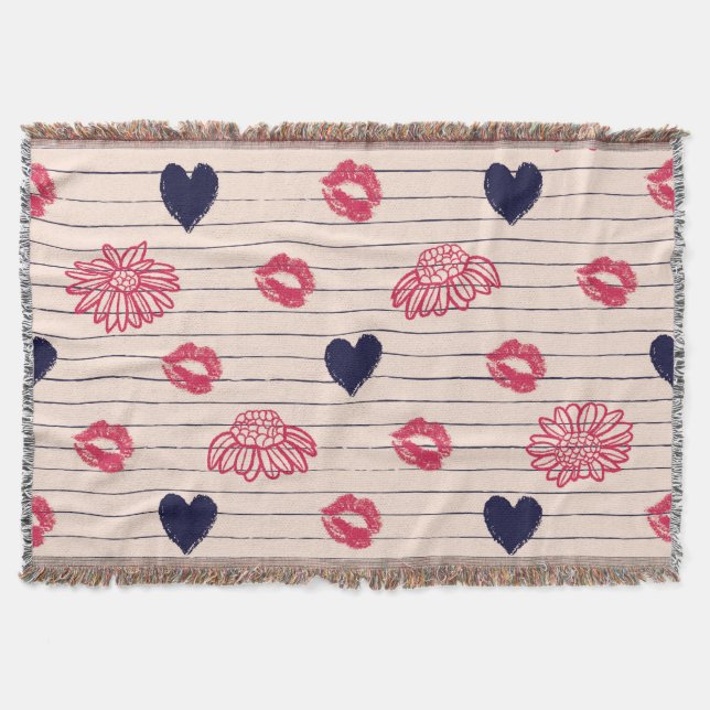 Red hearts, lips, daisies pattern. throw blanket (Front)