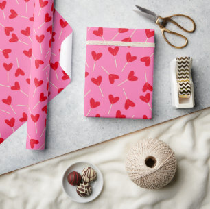Red Hearts Lollipops Love Valentine's Day Pink Wrapping Paper