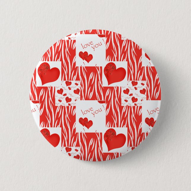 Red hearts, love. 6 cm round badge (Front)