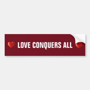 Red Hearts & Love Conquers All Text on Burgundy Bumper Sticker