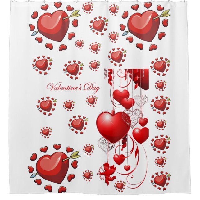 red hearts love valentines red white showercurtain shower curtain (Front)
