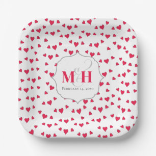 Red Hearts Monogram Calligraphy Script Ampersand Paper Plate